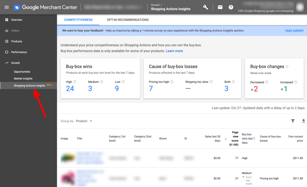 Instructions on where to find Google Shopping Actions Insights
