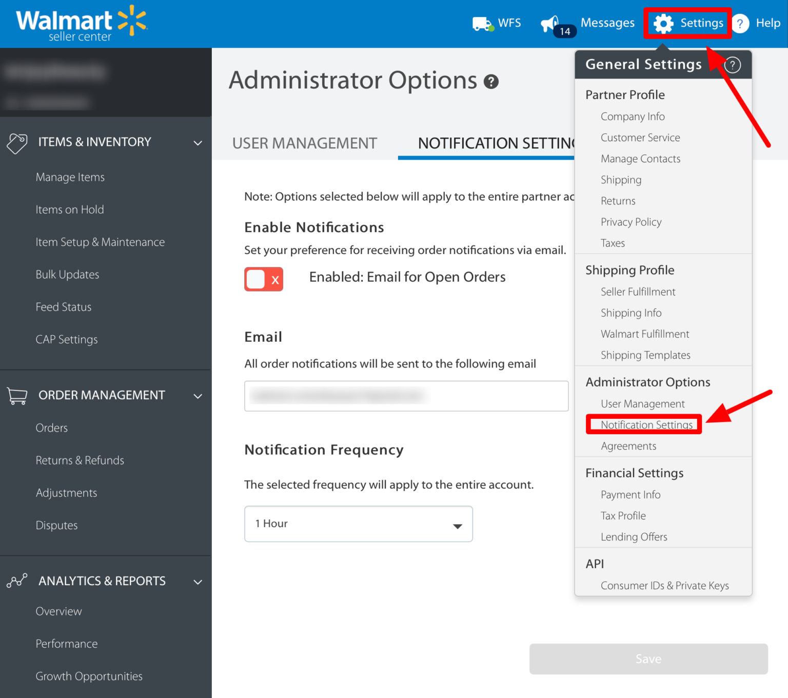 How to set up email notifications about 'Open Orders' in Walmart Seller