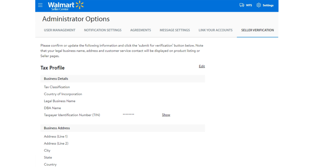 Where to find Walmart Seller Verification tab