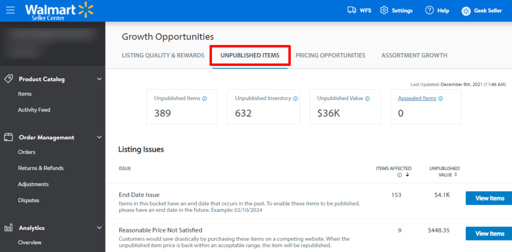 Walmart unpublished items section on Walmart Seller Center