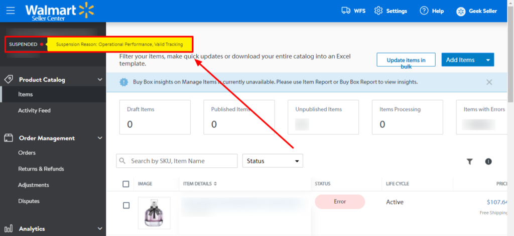 Walmart suspension on Walmart Seller Center