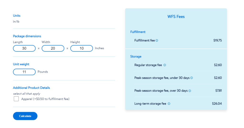 WFS Calculator for storage and shipping fees calculation