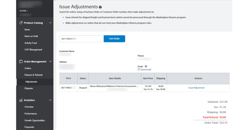 Walmart Refund Adjustments section