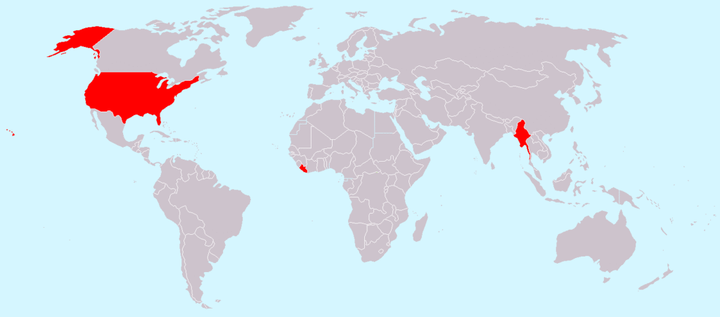 Map of the world where red represents countries which do not use the metric system (Liberia, Myanmar, and the USA).